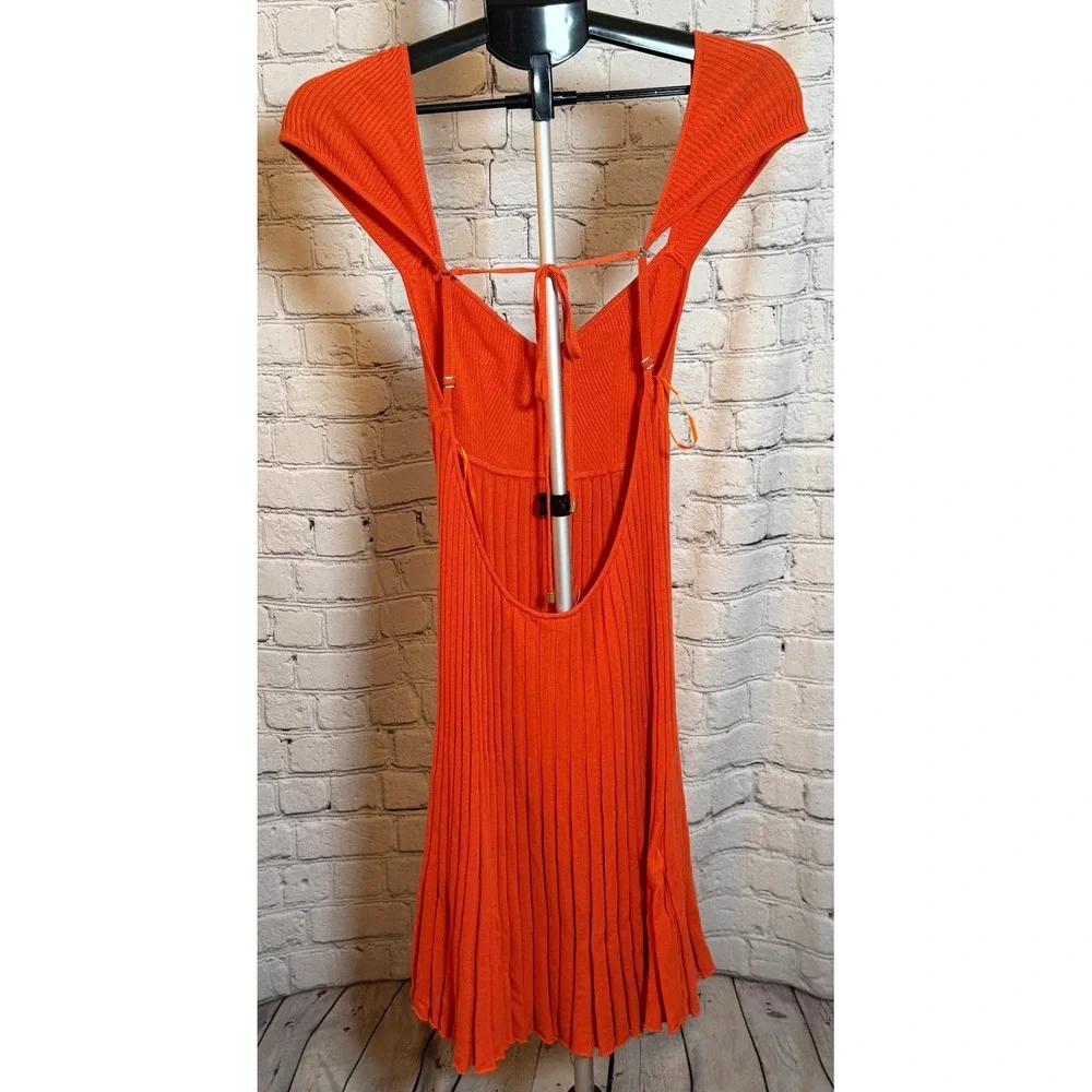 Free People Cherie Mini Dress Orange Ribbed Open Back Fit Flare Size L NWOT